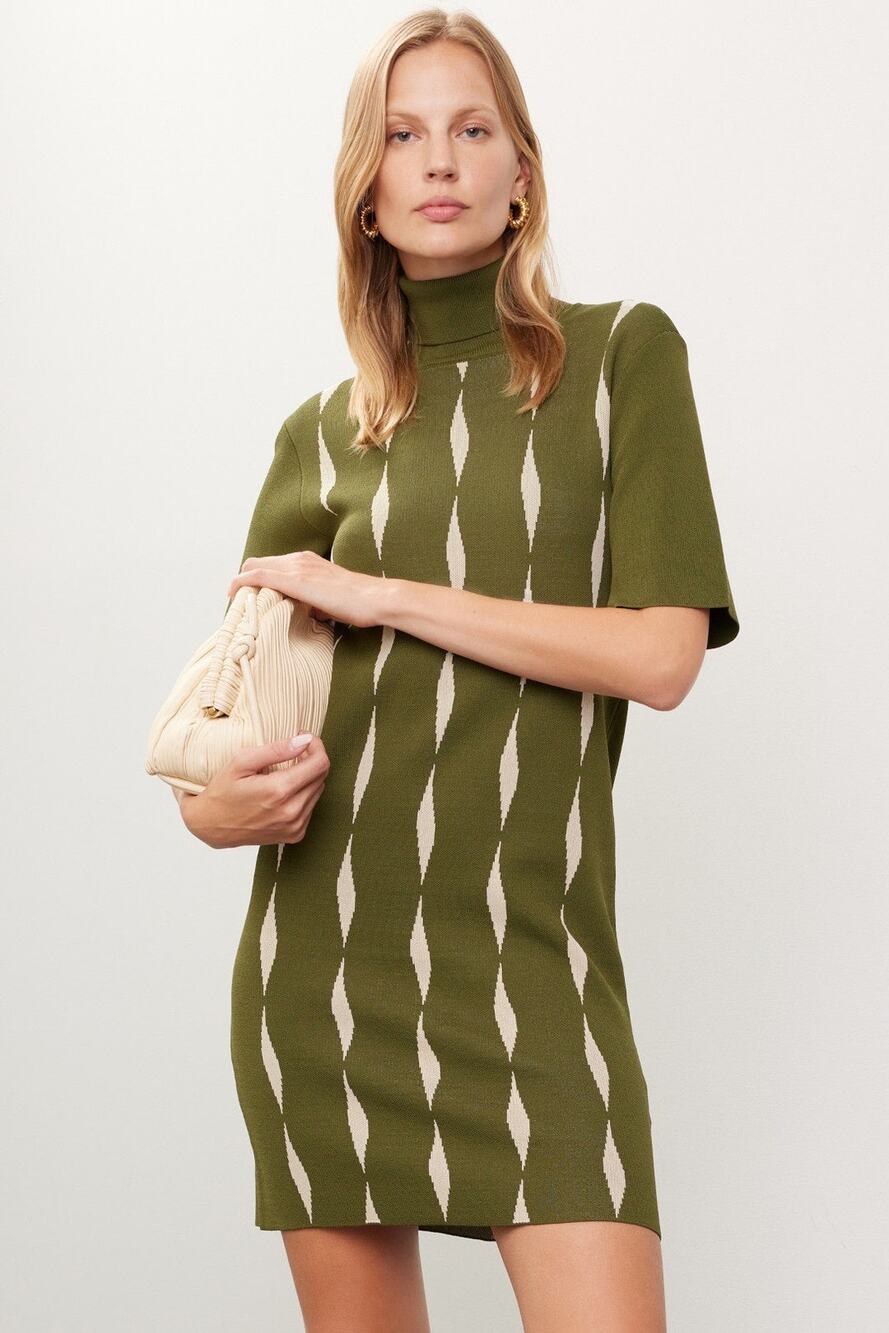 Saunders Collective Green Jacquard Knit Short Sleeve Turtleneck Mini Dress Sz XL
